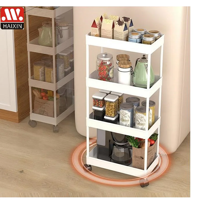 4-Tier Plastic Rolling Utility Cart with Handle, Multi-Functional Storage Trolley for Office, Living Room, Kitchen, Movable Storage Organizer with Wheels