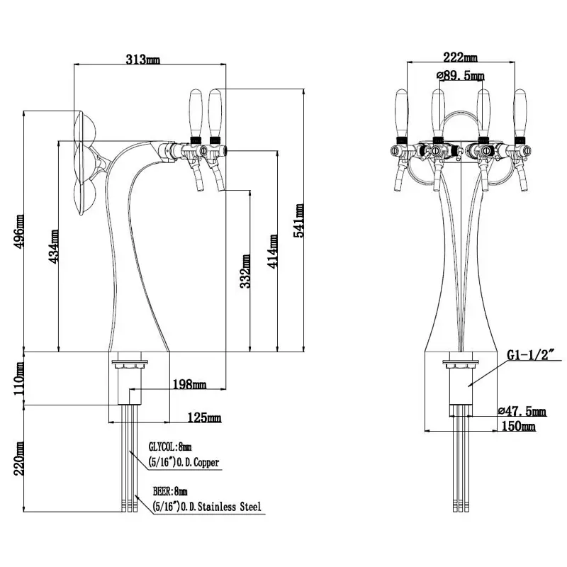 TALOS Brage Tap Tower Chrome 4-way Dispensing Tower Draft Beer Tower