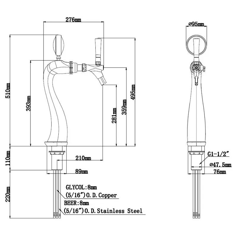 TALOS Goose Tap Tower Chrome 1-way Dispensing Tower Draft Beer Tower