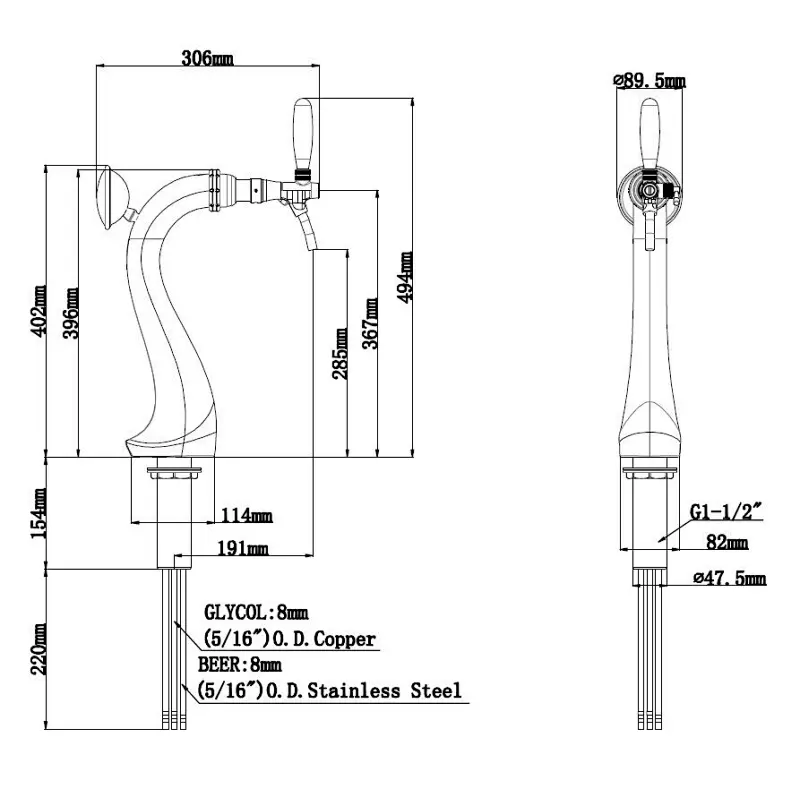TALOS Swan Tap Tower Chrome 1-way Dispensing Tower Draft Beer Tower