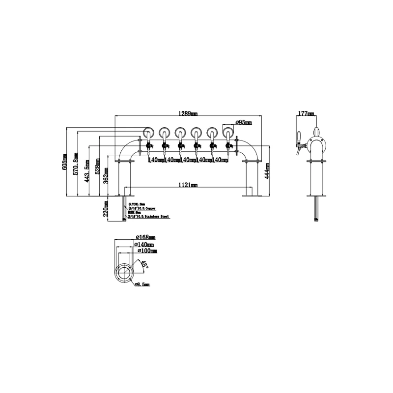 TALOS U Tower Stainless Steel 6 Tap Tower 102mm Beer Dispensing Equipment Draft Beer Tower (PVD)