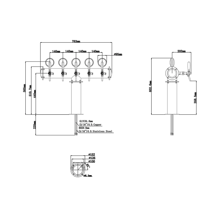 TALOS T Tower Stainless Steel 5 Tap Tower 85mm Beer Dispensing Equipment Draft Beer Tower (Polished)