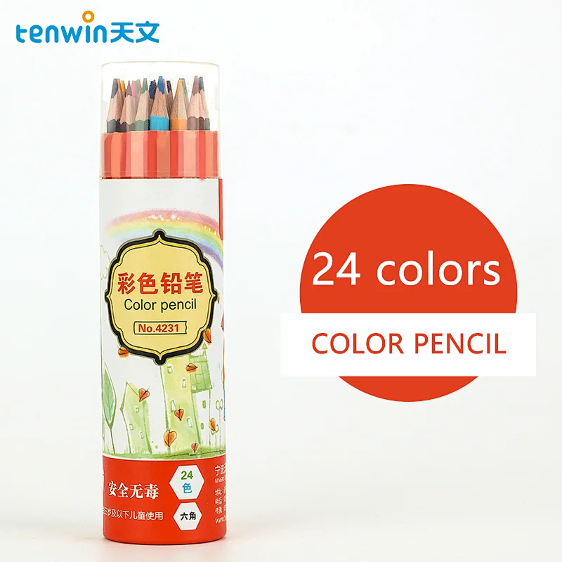 Tenwin 4231 China Manufacturer Custom Logo Printed Barrel Artist 24 Color Pencils For Painting