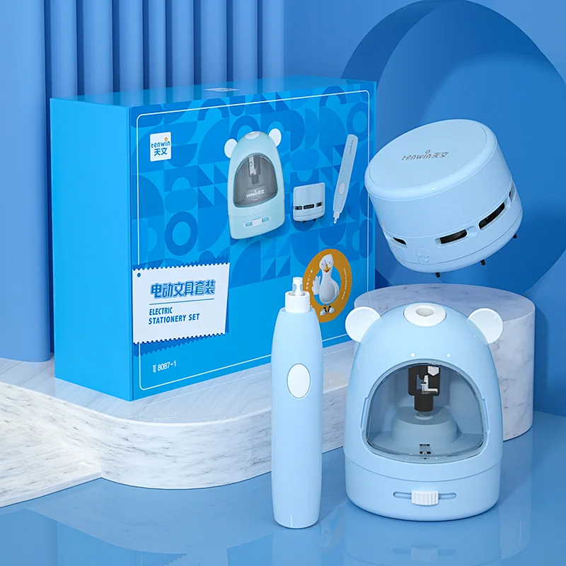 Tenwin 8087 Electric Pencil Sharpener Mini Desktop Vaccum Cleaner Battery Eraser With Refills Stationery Set