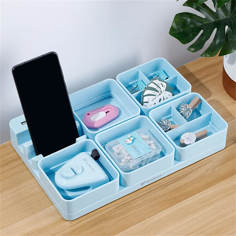 Tenwin 3222 USB DIY Novelty Office Desk Box Plastic Pen Mobile Charge Holder for Office Home School Student