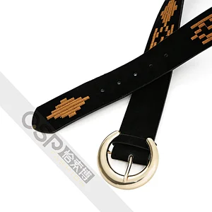Women's PU Embroidered Belt Golden Pin Buckle Belt
