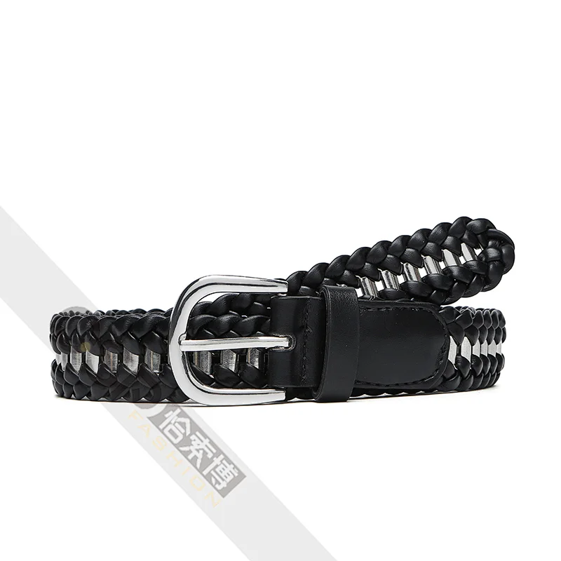 Women belt with metal chain and pu braided belt