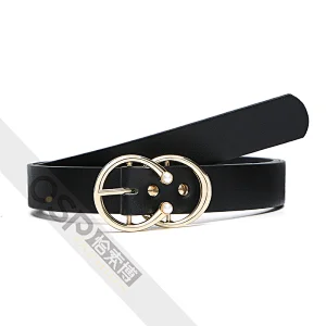 Women Double Round Pearl Buckle Plain PU Waist Belt