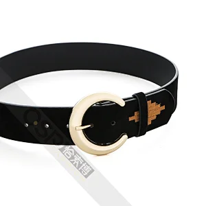 Women's PU Embroidered Belt Golden Pin Buckle Belt