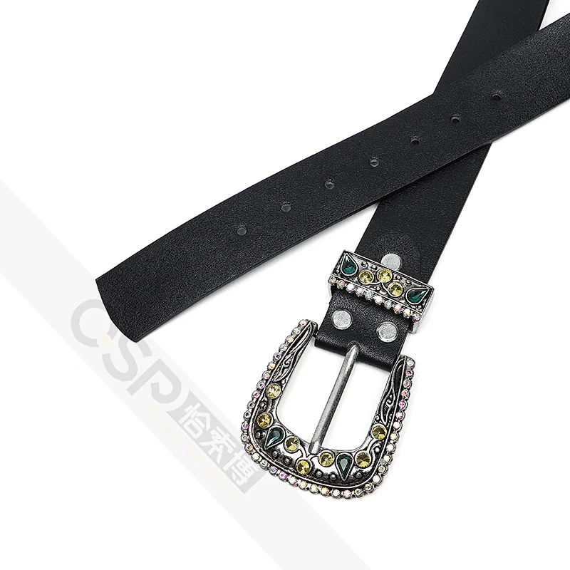 Women's belt with  colored rhinestone buckle