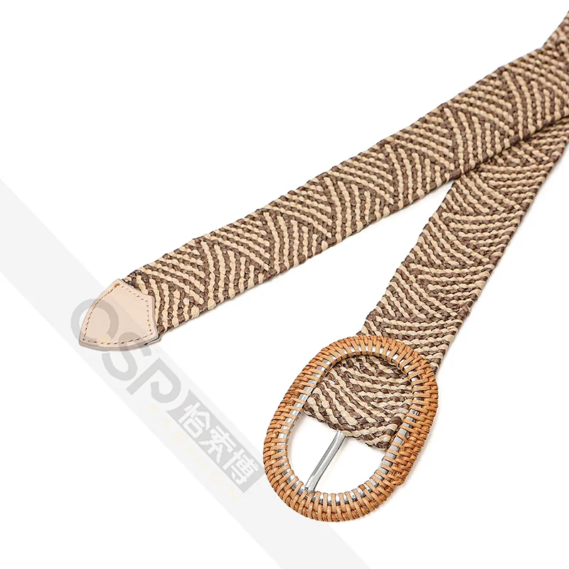 Women Dress Belt Rattan buckle Strong PP Straw Knitting Belt