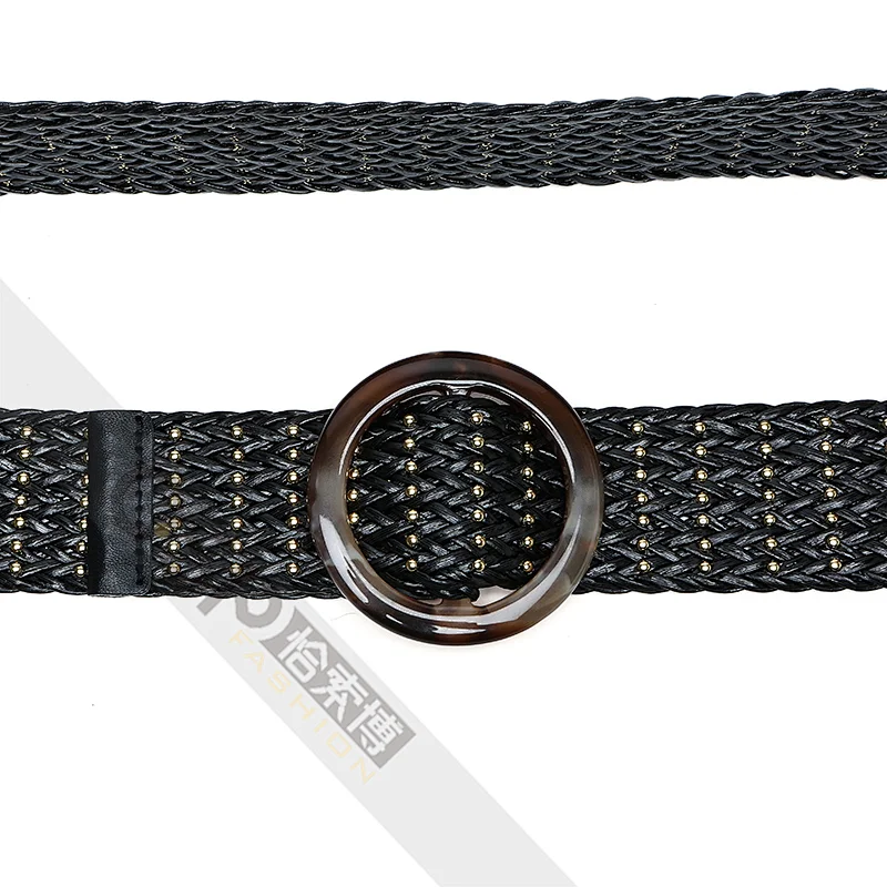 Ladies Braided belt rivet decorative belt resin buckle belt