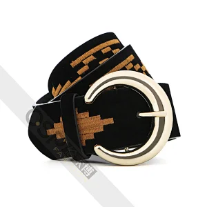 Women's PU Embroidered Belt Golden Pin Buckle Belt