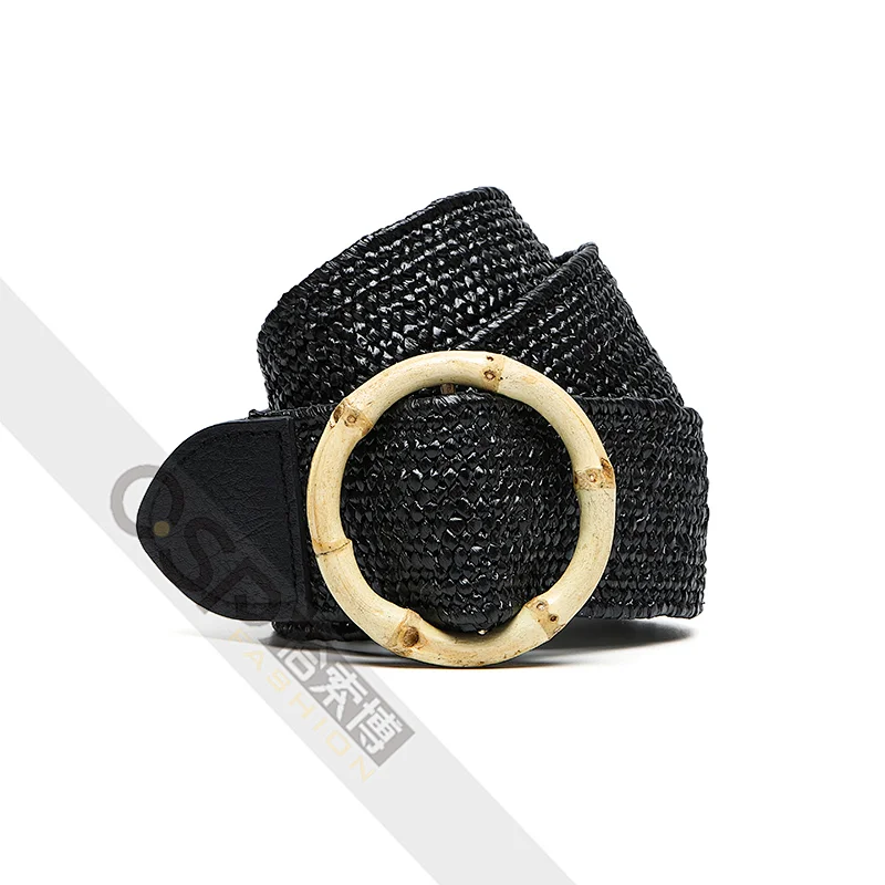 Women knit bamboo buckle belts, No Punching Elasticated Woven Braid Belt