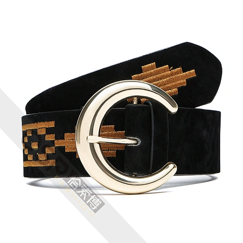 Women's PU Embroidered Belt Golden Pin Buckle Belt