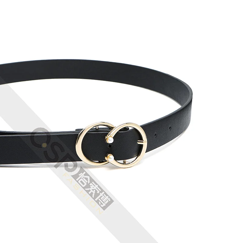 Women Double Round Pearl Buckle Plain PU Waist Belt