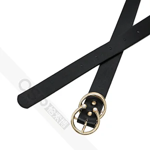 Women Double Round Pearl Buckle Plain PU Waist Belt
