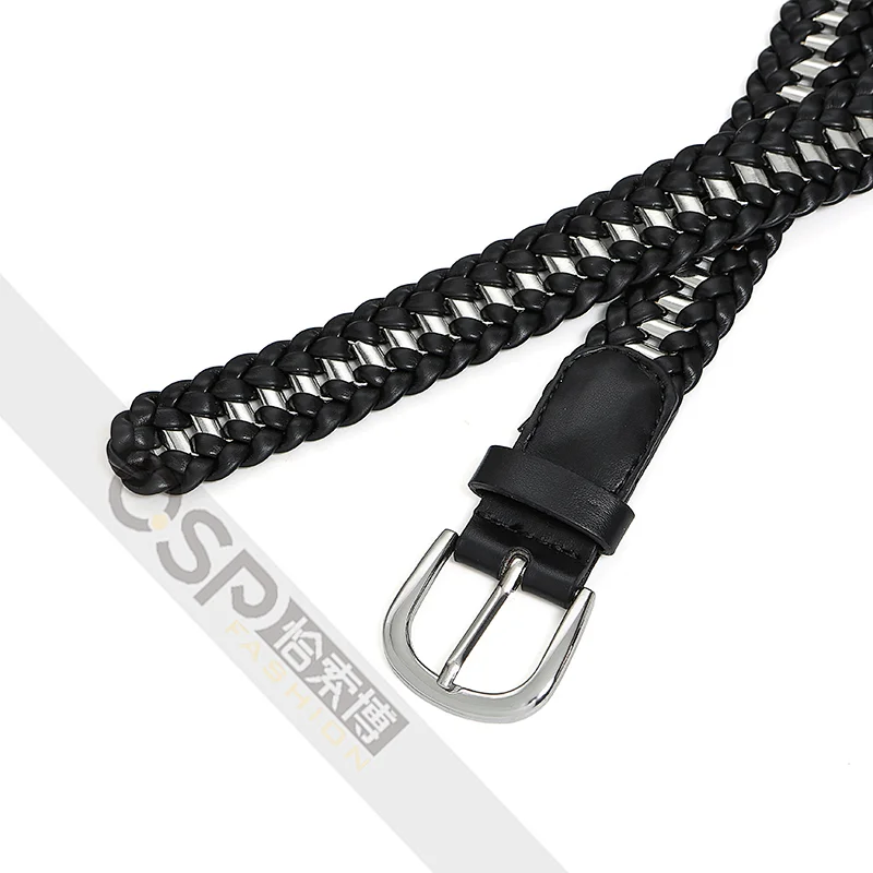 Women belt with metal chain and pu braided belt