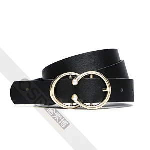 Women Double Round Pearl Buckle Plain PU Waist Belt