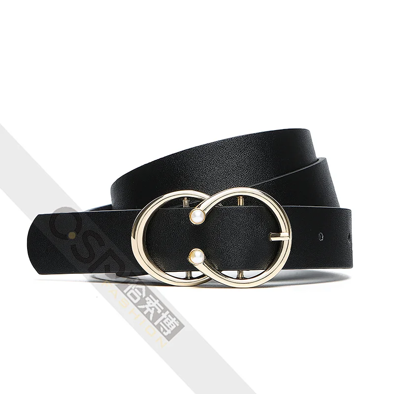 Women Double Round Pearl Buckle Plain PU Waist Belt