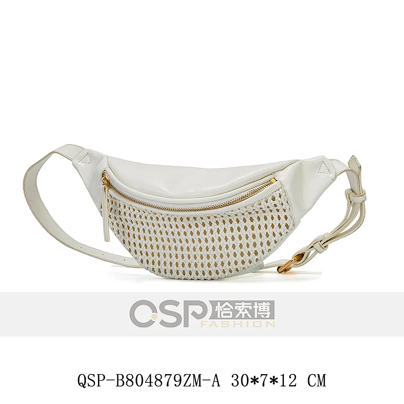 Fancy White Woven Waist Bag for Ladies Fashion Zipper Woman Belt Bag