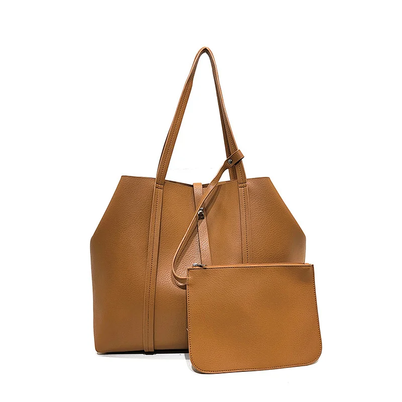2020 Latest Fashion Tote Bag with Additional Small Bag Brown Double Side Pu Ladies Shopper Bag