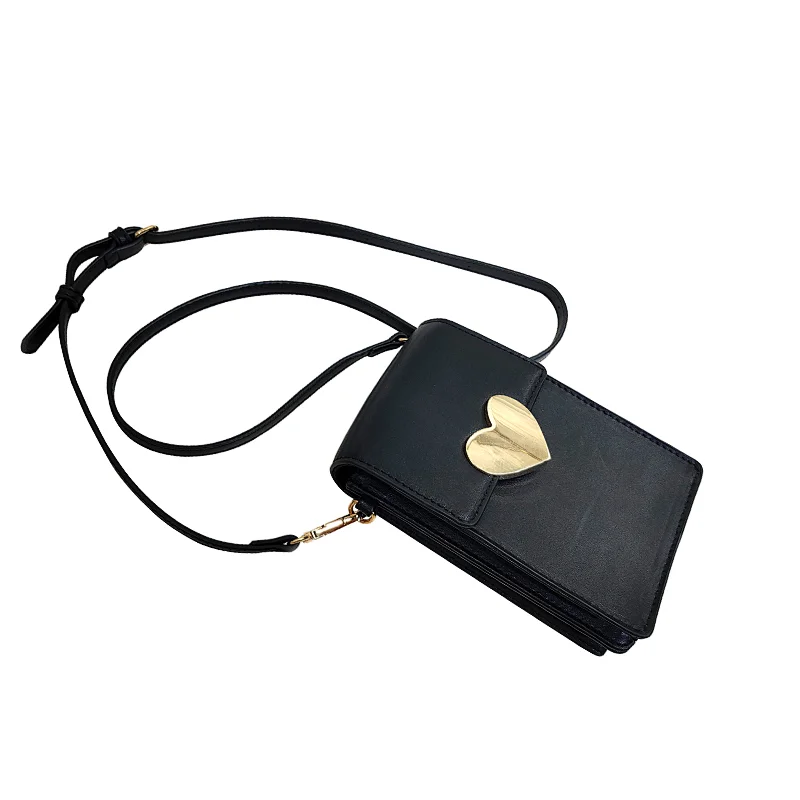 Heart Shape Buckle Black Woman lady Cell Phone Bag Mobile Phone Bag