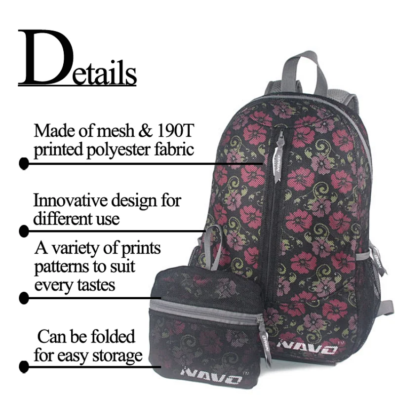 Navo Foldable Backpack , Water Resistant Rucksack, Unisex Nylon Daypack for Travel Hiking Cycling Outdoor Sport