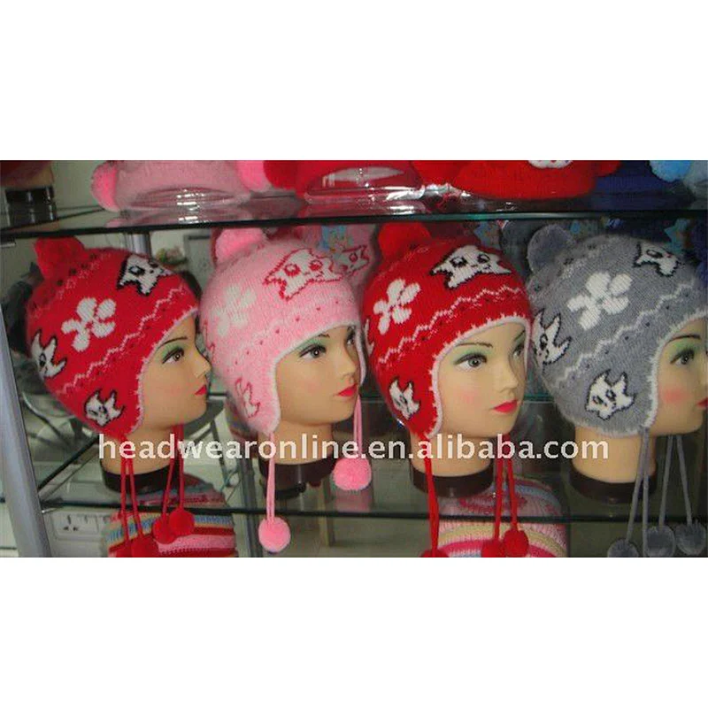 kid jacquard beanie hats with ear flat and pompon