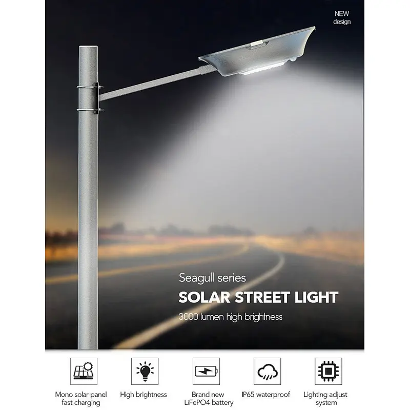 30W LED Solar Street Lights Dusk to Dawn Pole Light with PIR Motion Sensor, 3000 Lumens, Ideal for Parking Lot, Stadium, Yard, Garage and Garden