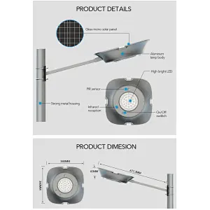 30W LED Solar Street Lights Dusk to Dawn Pole Light with PIR Motion Sensor, 3000 Lumens, Ideal for Parking Lot, Stadium, Yard, Garage and Garden