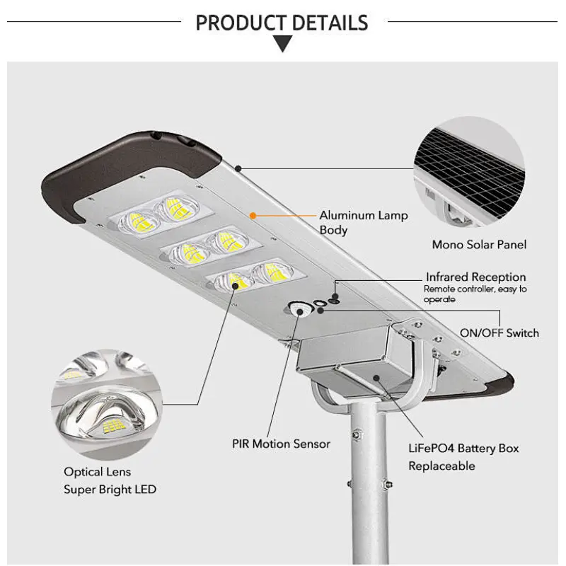 Led Solar Street Lamp 60w 6000 Lumens High Brightness All In One Solar Street Light With Remote Control