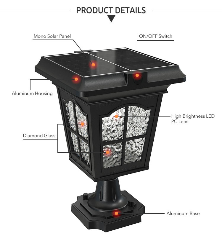 product detail of retro solar pillar light