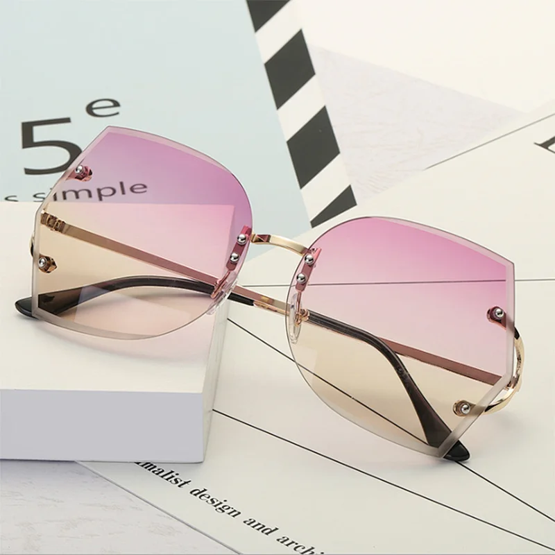 Luxury Fashion Women Clear Oversize Big Rimless Frames UV Protective Sunglasses