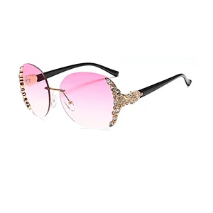 Luxury Half Rimless Big Diamond Frames Shield Shades UV Lens Sunglasses For Women