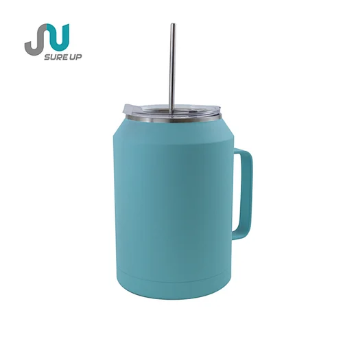 stainless steel thermos mug with handle and straw