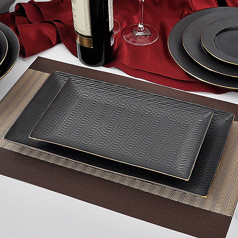 P&T Chaozhou Factory Dishwasher Safe Glaze Ceramic Gold Rim Black Rectangle Plate for Restaurant