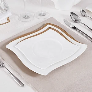 P&T Royal Ware Golden Rim Catering Plates Bone China Hotel Ware Square Dinner Plate For Restaurants