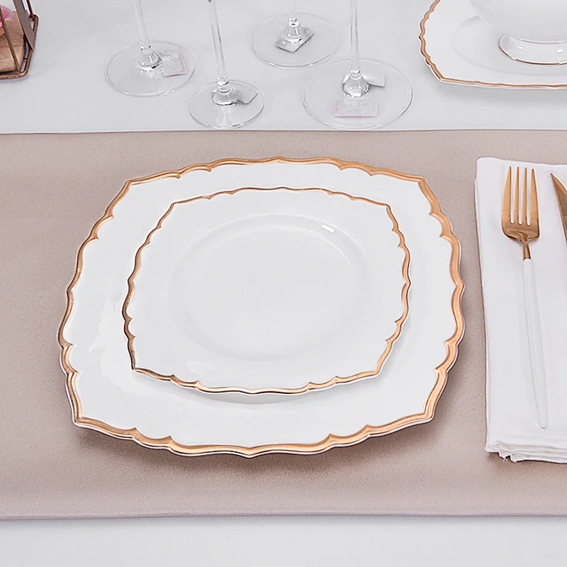 Hotel Restaurant Dinner Plate. Manufacturer Dish Plate Ceramic Luxury Bone China Gold Rim Steak Plate