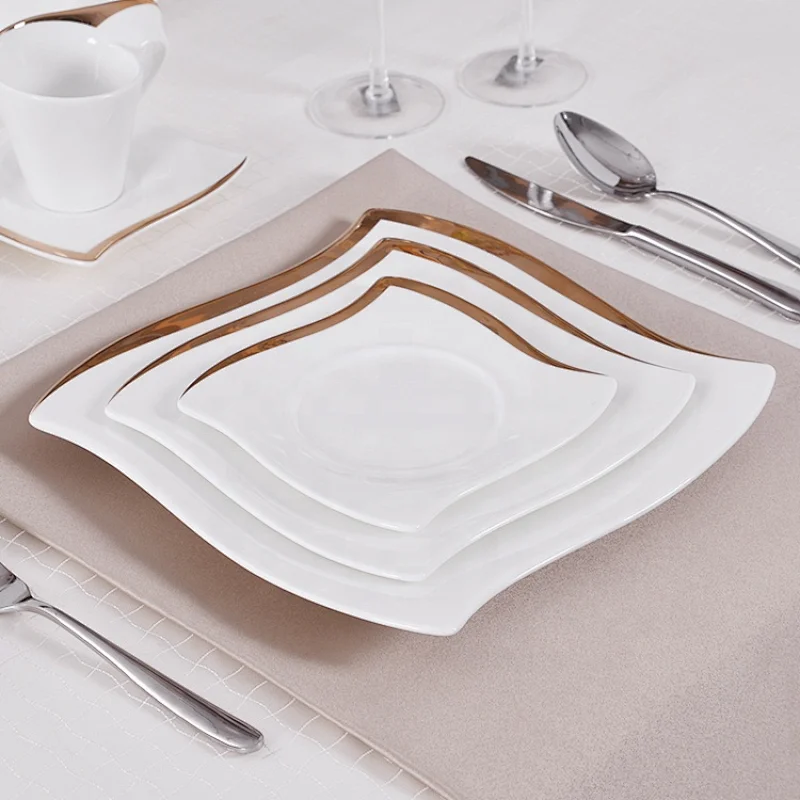 P&T Royal Ware Golden Rim Catering Plates Bone China Hotel Ware Square Dinner Plate For Restaurants