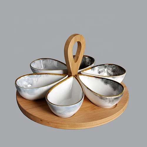 P&T Royal Ware factory wholesale unique porcelain snack bowls ceramic tapas serving snack dish with wooden tray