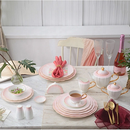 P&T Royal Ware gold rim pink colorful bone china ceramic dinnerware sets luxury