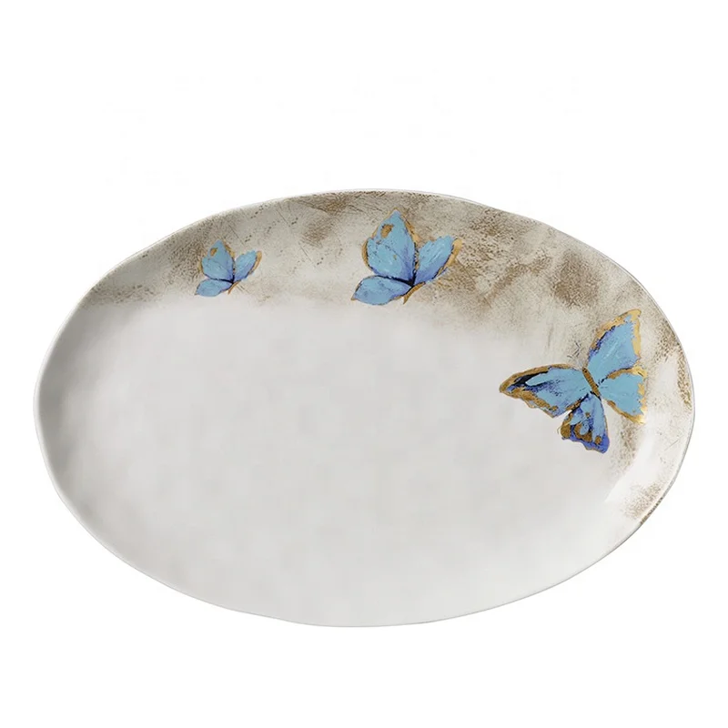 colorful butterfly pattern hotel serving platter restaurant porcelain ceramic oval plate
