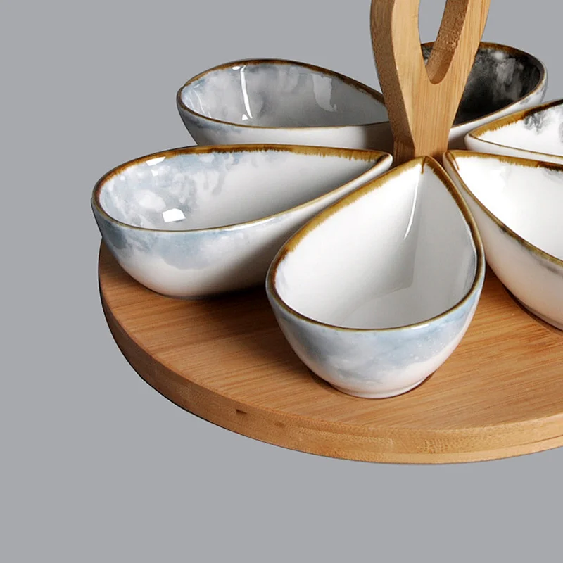 P&T Royal Ware factory wholesale unique porcelain snack bowls ceramic tapas serving snack dish with wooden tray