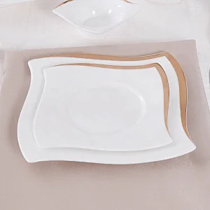 P&T Royal Ware Golden Rim Catering Plates Bone China Hotel Ware Square Dinner Plate For Restaurants