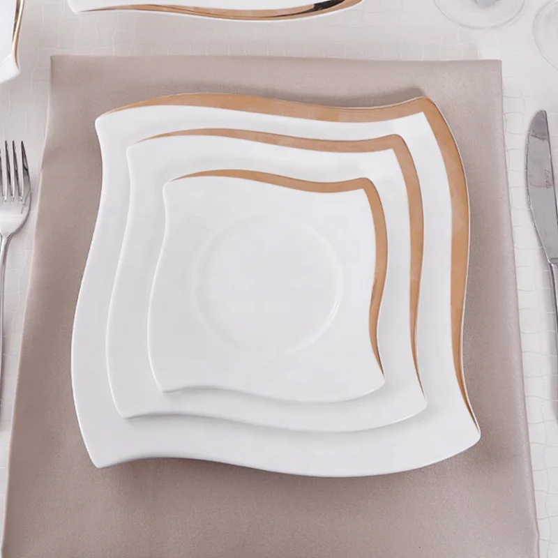 P&T Royal Ware Golden Rim Catering Plates Bone China Hotel Ware Square Dinner Plate For Restaurants