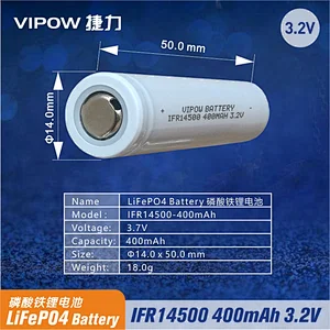 LiFePO4 Battery IFR14500 400mAh 3.2V Flat top