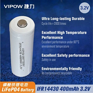 LiFePO4 Battery IFR14430 400mAh 3.2V Tip Top