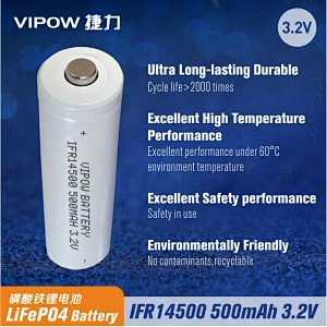 LiFePO4 Battery IFR14500 500mAh 3.2V Tip top