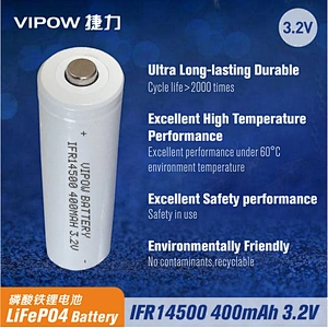 LiFePO4 Battery IFR14500 400mAh 3.2V Tip Top